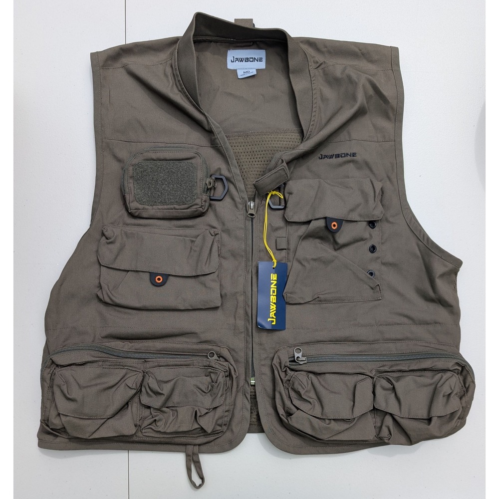 Jawbone Mens Fishing Vest Olive Green Multi Pocket Mesh Back Utility Vest Medium